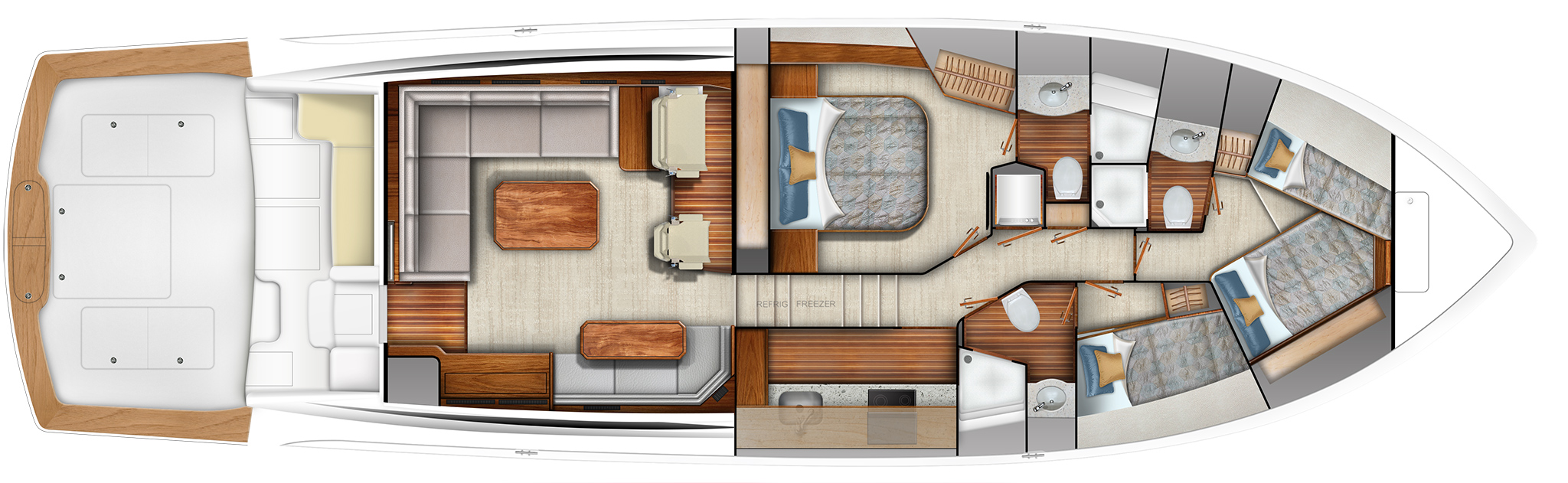Galley Down - Three Stateroom Fore/Aft Master Optional, Crossover Forward Optional