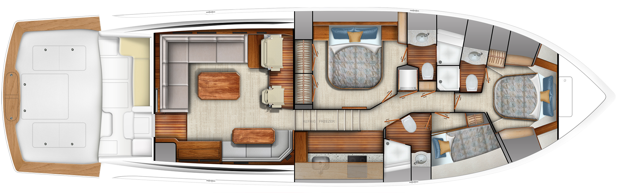 Galley Down - Three Stateroom Athwartship Master Standard, Queen Forward Standard