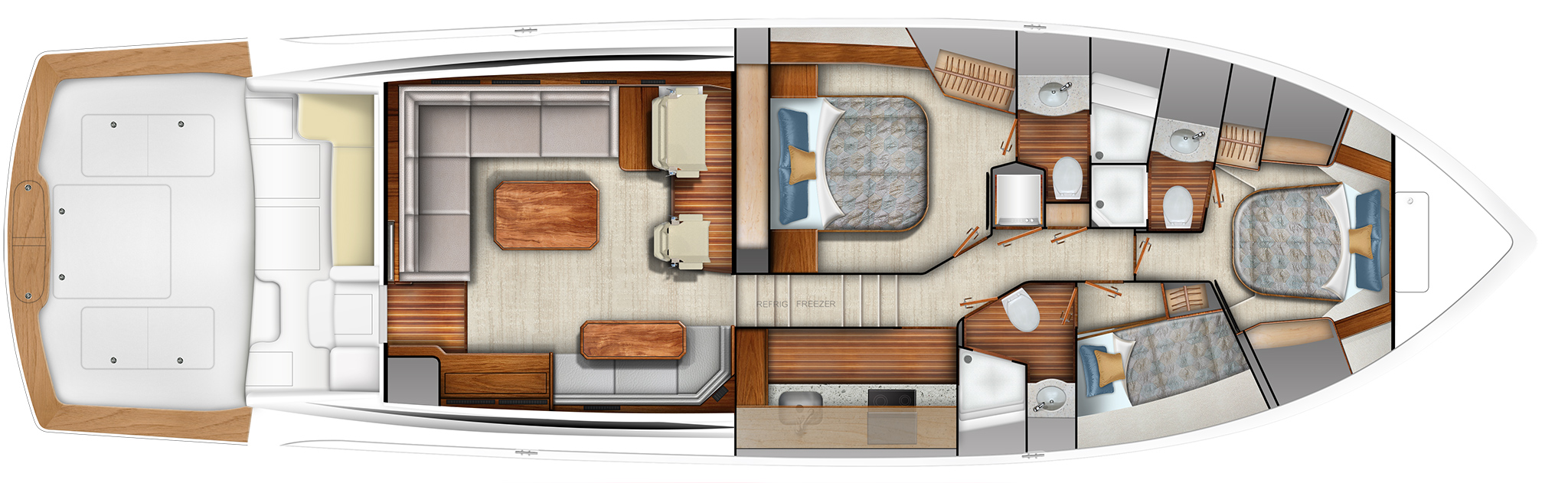Galley Down - Three Stateroom Fore/Aft Master Optional, Queen Forward Standard