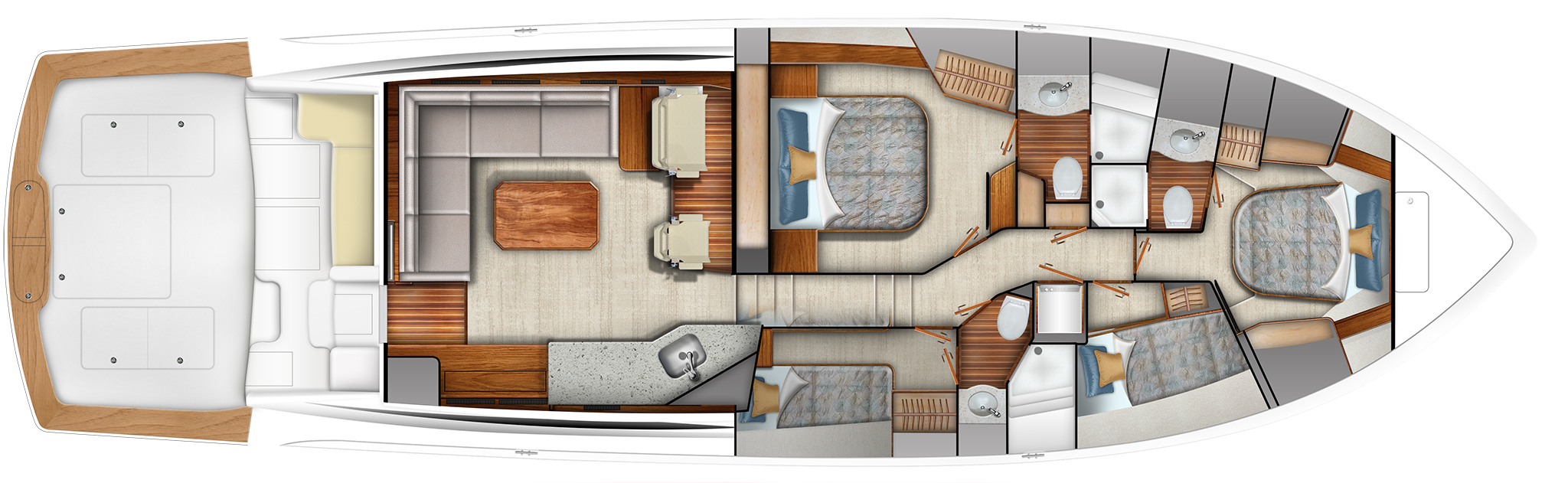 Galley Up - Four Stateroom Fore/Aft Master Optional, Queen Forward Standard